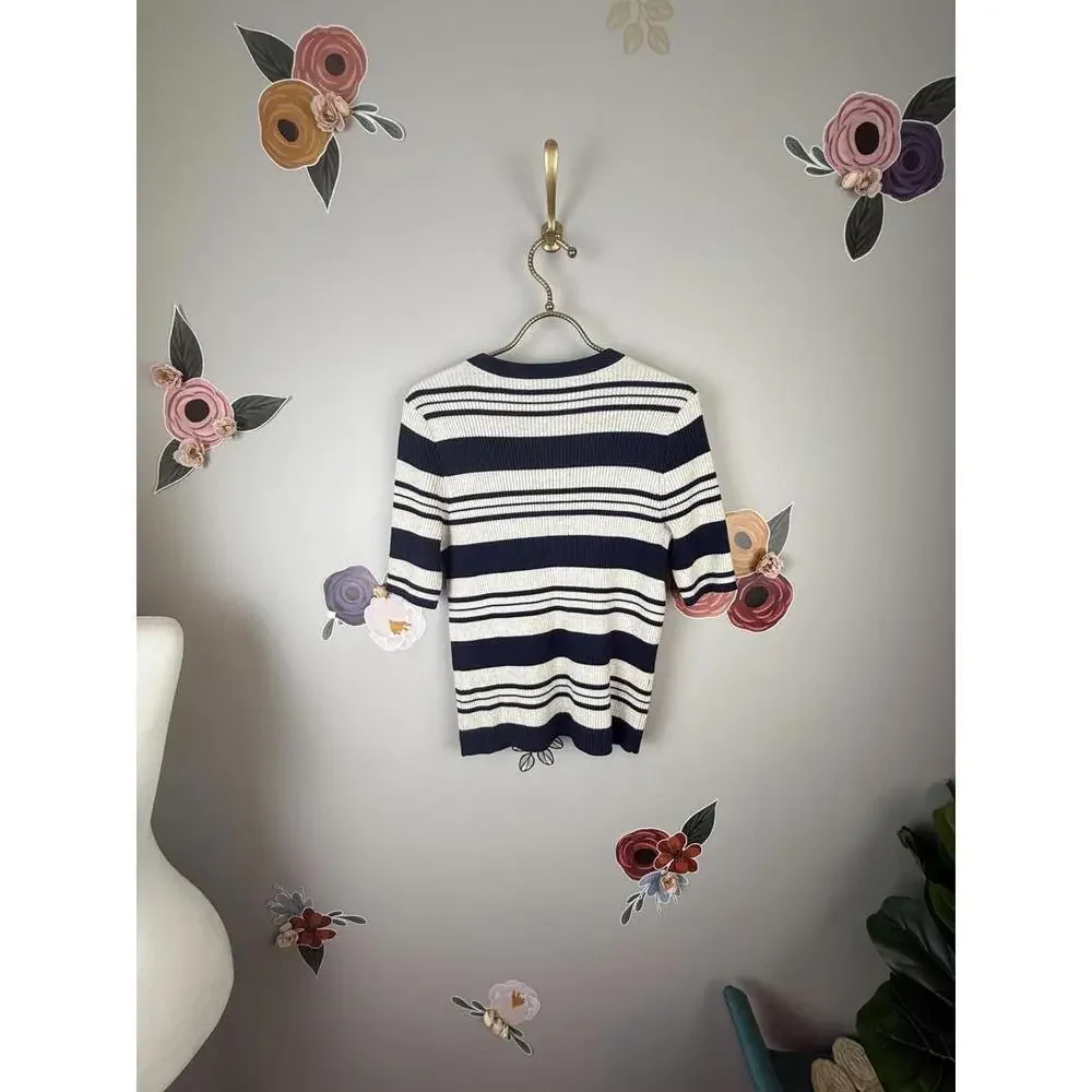Madewell Navy and White Ribbed Striped Short Sleeve Sweater Top - Size - Small